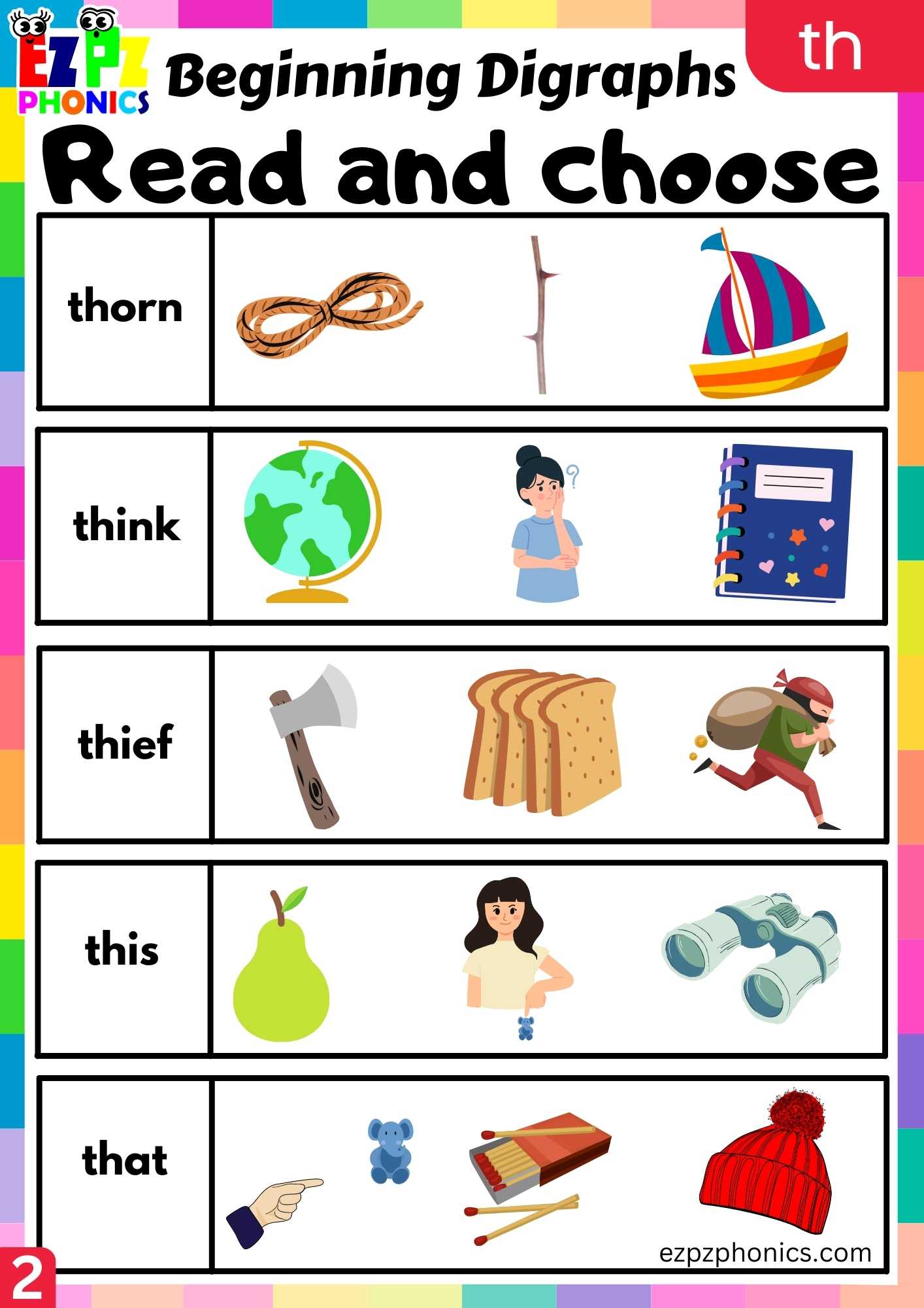 Group2 TH Words Read And Choose Consonant Digraphs Phonics Beginning Worksheet